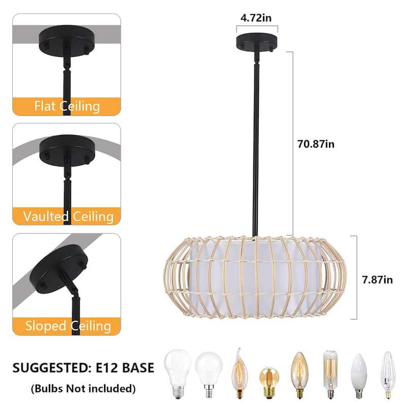 3 - Light Dimmable Rattan - Wrapped Oval Drum Chandelier - Black - N/A