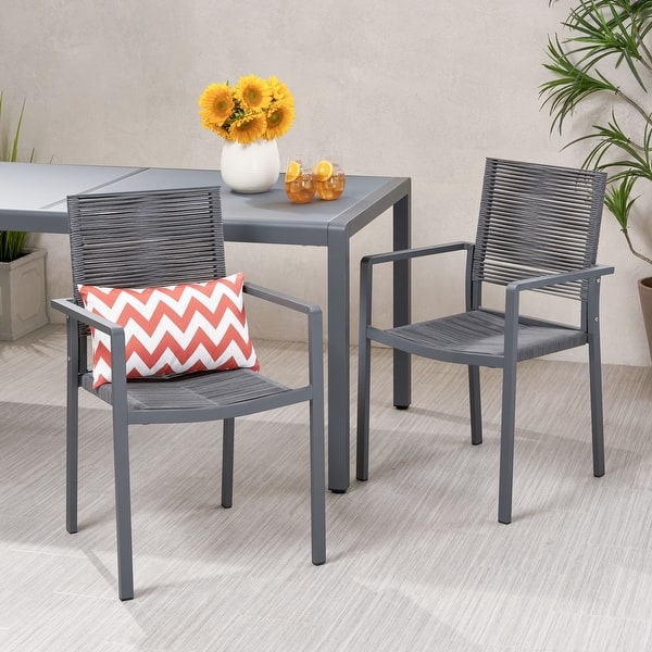 slide 2 of 10, Patios Aluminum Dining Chair Set of 2, Rope Weave Chair - Dark Grey DARK GREY