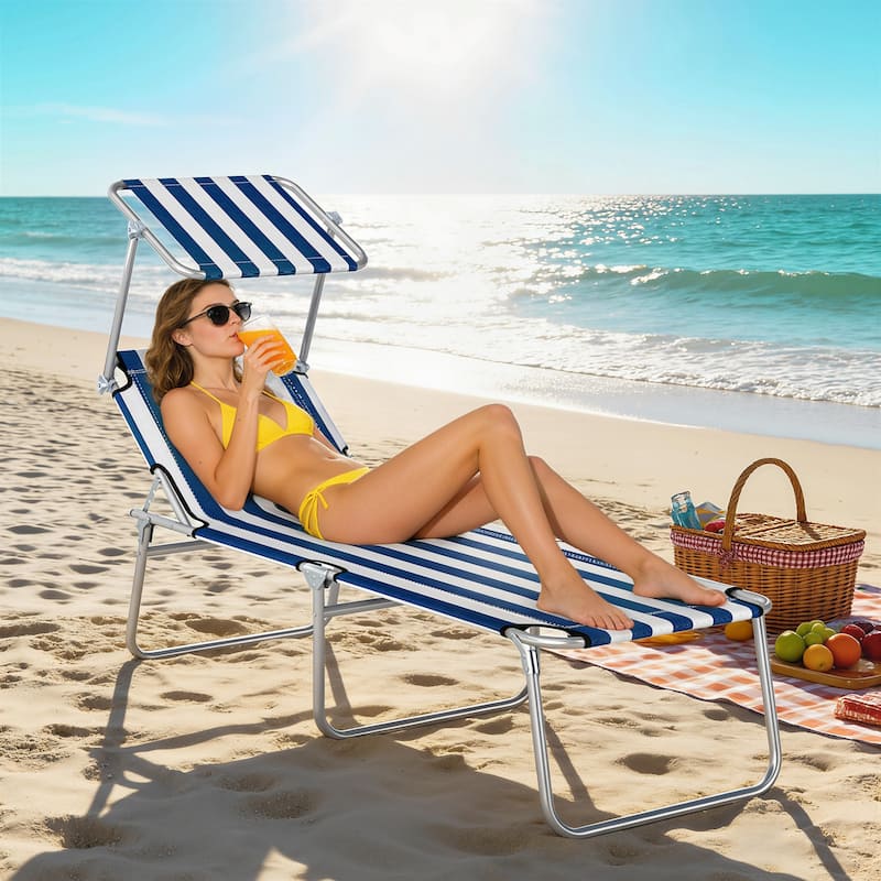 Outsunny Outdoor Lounge Chair, Adjustable Folding Chaise Lounge, Tanning Chair with Sun Shade for Beach, Camping, Hiking - Mix