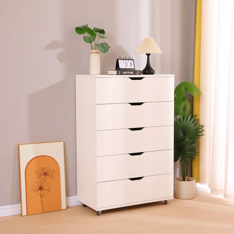 5 Drawer Storage Cabinet with Wheels Tall Dresser Modern Design Movable