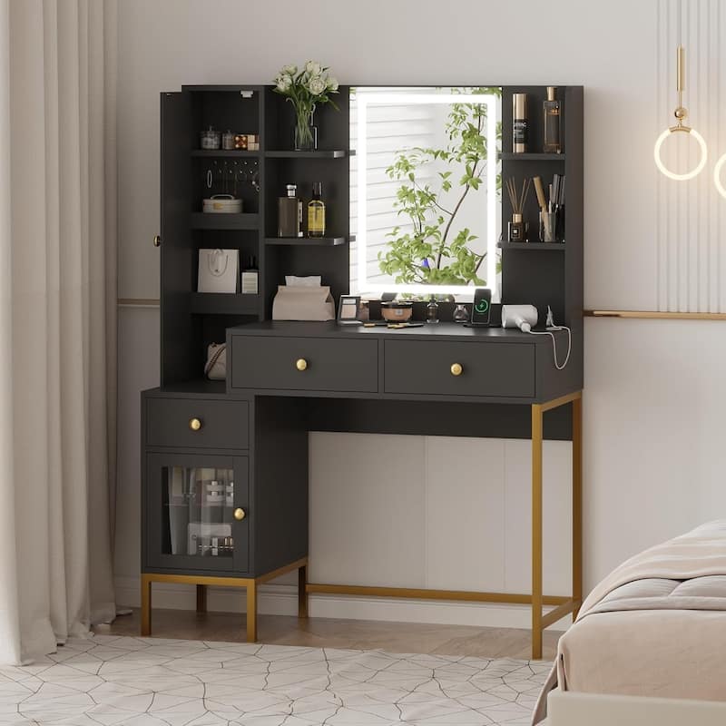 Modern Makeup Vanity Table with Charging Station,3 Drawers and Open Shelves