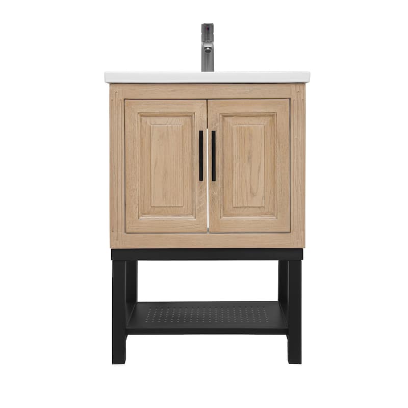 24" Bathroom Vanity with White Ceramic Sink & Hot and Cold Faucet , Freestanding Bathroom Cabinet with 2 Storage Doors