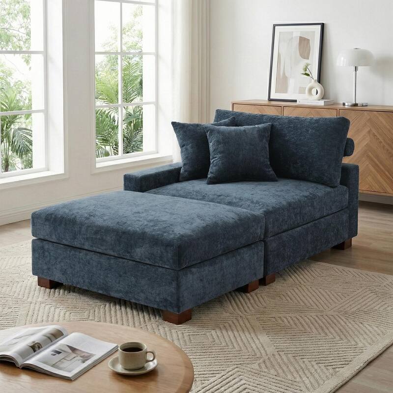 Modern Chenille Chaise Lounge Set with Ottoman - Lfet Facing - Blue