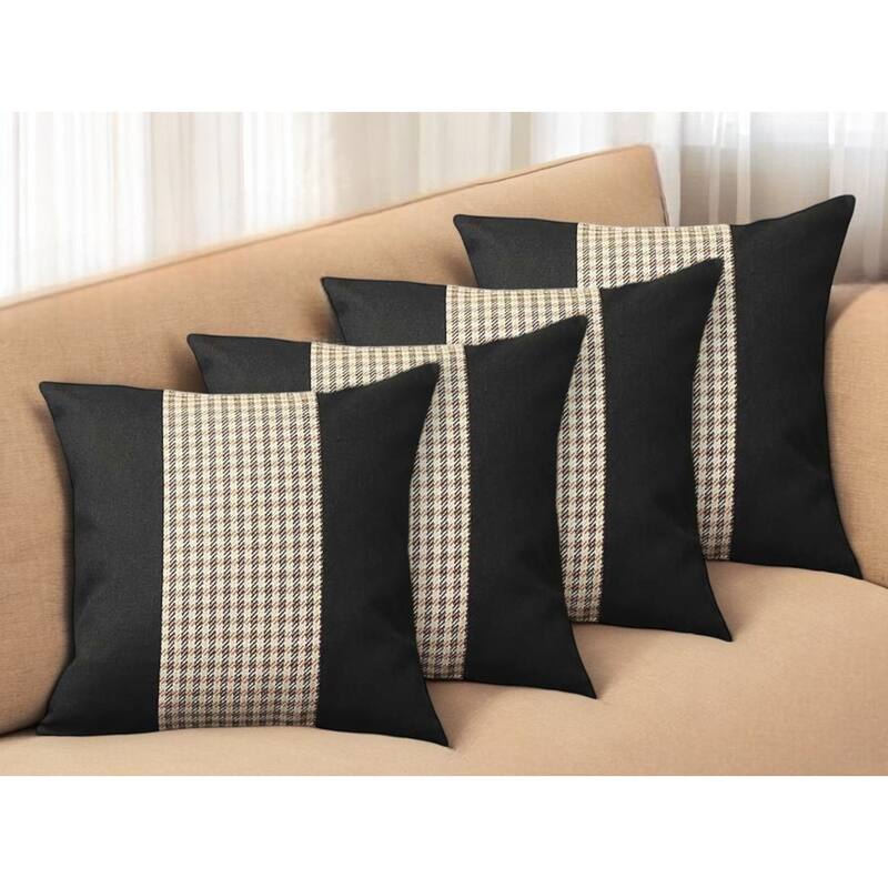 Set of Four 18" Black Brown and White Houndstooth Fabric Throw Pillows - White/Brown/Black