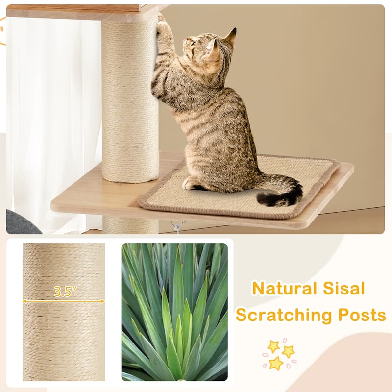 Modern Tall Cat Tower with Double Condos with Dangling Balls and Sisal Carpets - 24" x 16" x 56"