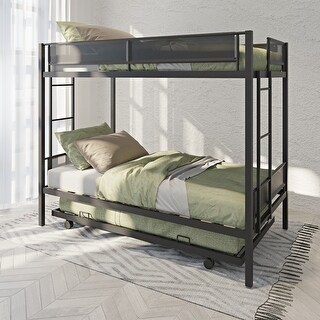 Twin Metal Bunk Bed with Trundle, Quiet Guardrails and Wood Slats