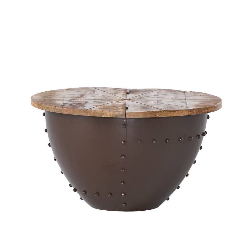 Roomfitters Round Coffee Table, Wood Top Living Room Center Table with Iron Base, Modern Industrial Design, Natural+Brown