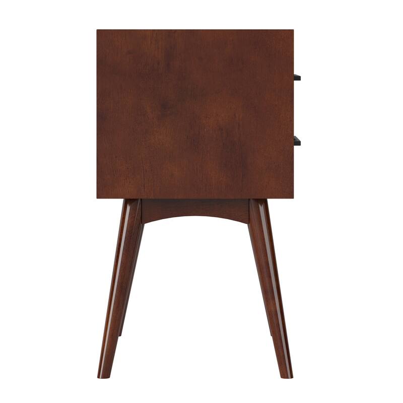 Walnut Solid Wood 2-Drawer Nightstand with Tapered Legs, Sleek Black Handles and Mid-Century Modern Design