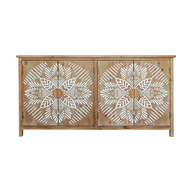 60-Inch Wood Accent Cabinet with Four Doors – Brown & Antique White Modern Pantry Storage, Buffet, Media Console.