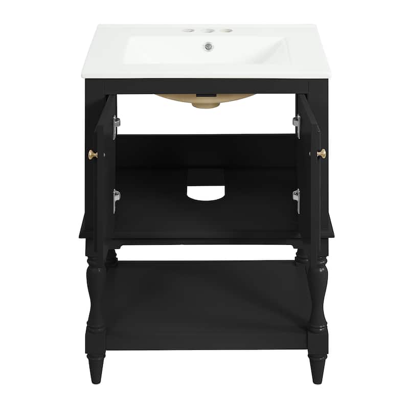 24" Modern Luxury Bathroom Vanity with Ceramic Sink, Compact Cabinet with Open Shelf & Closed Storage