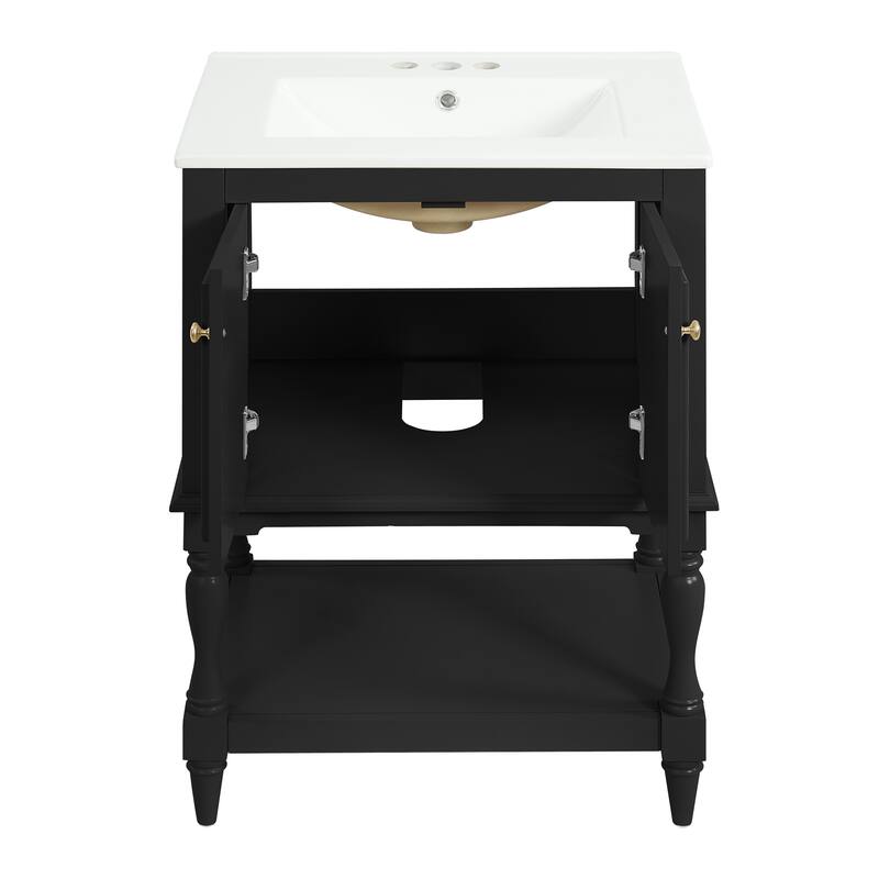 24 inch Modern Luxury Bathroom Vanity with Ceramic Sink, Bathroom Cabinet with Open Shelf and Closed Storage