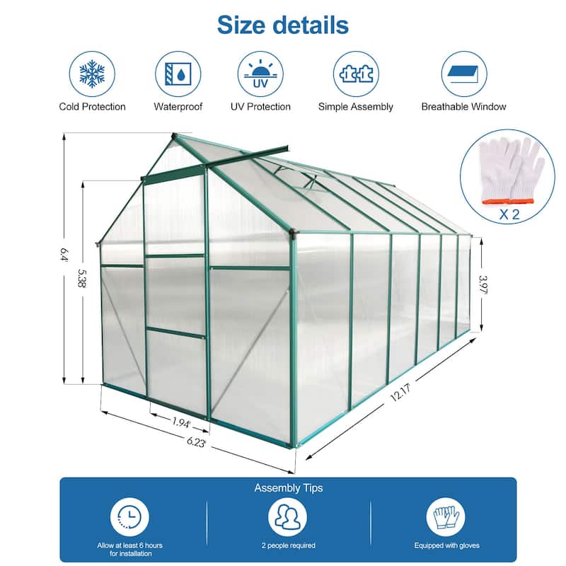 6x12 FT Greenhouse Raised Base and Anchor Aluminum Heavy Duty Walk-in Greenhouses