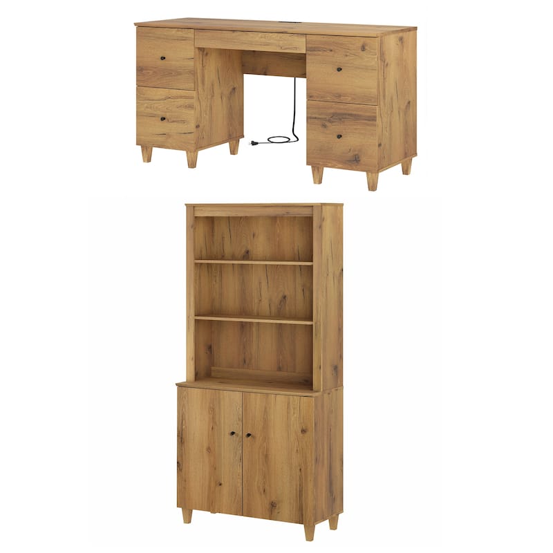 WAMPAT Home Office Furniture Set, 58" Executive Desk with Drawers, 71" Tall Bookcase with Doors and Adjustable Shelves