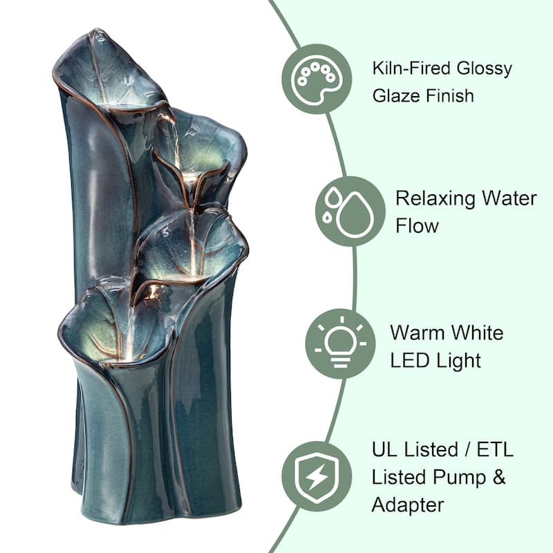 Glitzhome 31"H 4-Tiered Lotus Leaf Textured Ceramic Vase Outdoor Floor Fountain with LED
