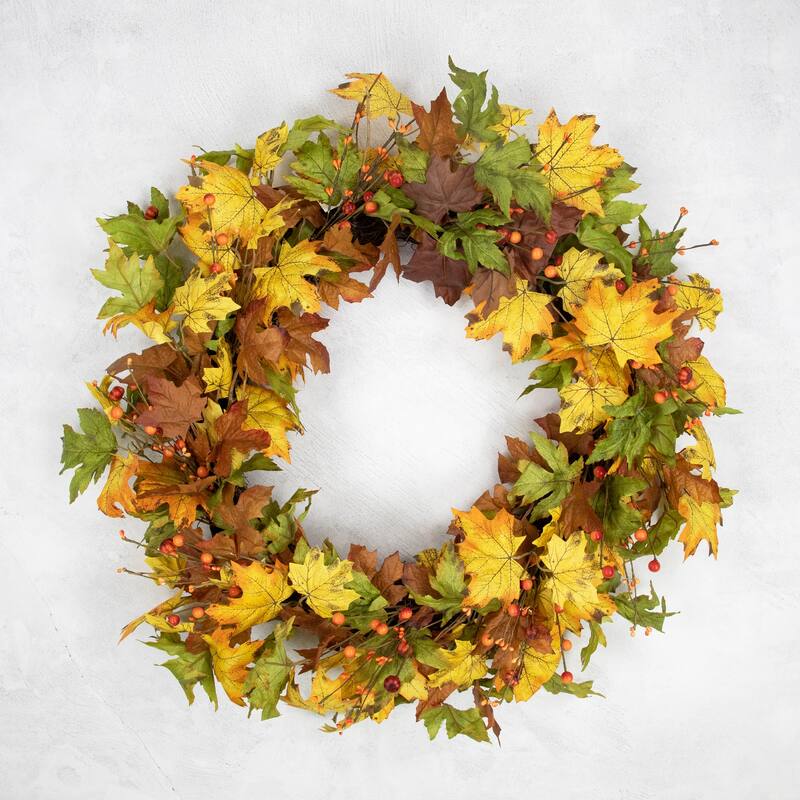 Berries Twigs Artificial Thanksgiving Wreath Yellow 30-Inch - Unlit