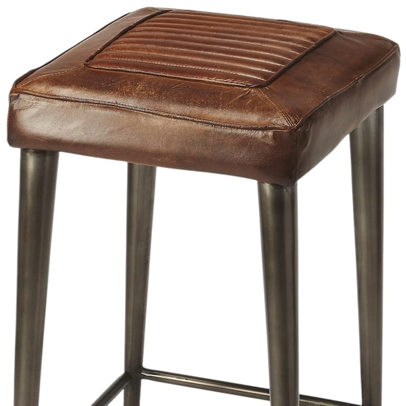 Brown-Grey Leather and Wood Backless Bar Stool with Iron Frame and Footrest - 17” L x 16” W x 32” H