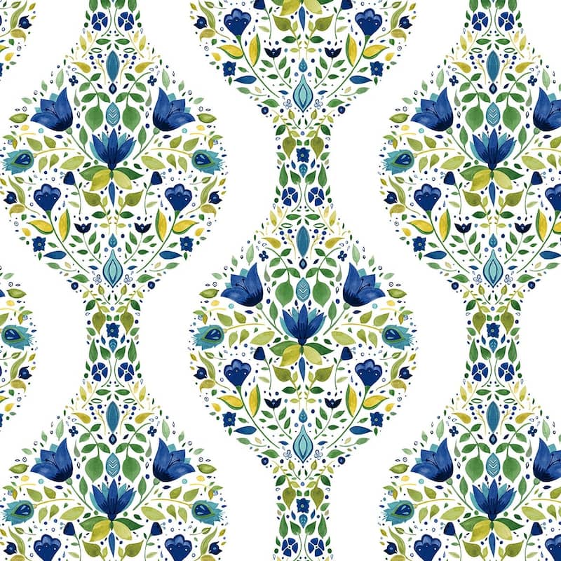NextWall Floral Ogee Peel and Stick Wallpaper - 20.5 in. W x 18 ft. L - Cobalt & Spring Green