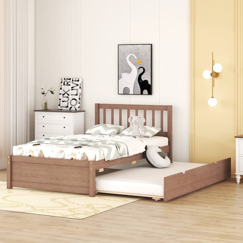 Modern Walnut Twin Platform Bed Frame with Trundle, Space-Saving Design
