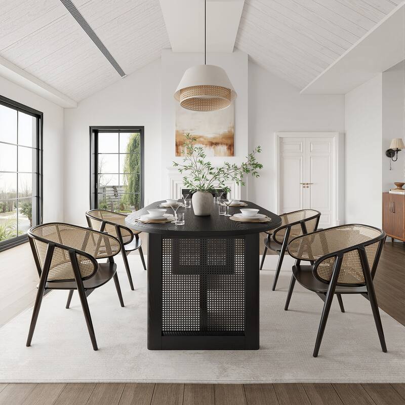 67" Dovelina Oval Dining Table with Rattan Double Pedestal for 6 People