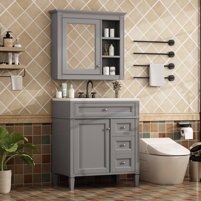 30'' Bathroom Vanity Set with Mirror Cabinet, Freestanding Bathroom Storage Cabinet with 2 Drawers and a Tip-out Drawer