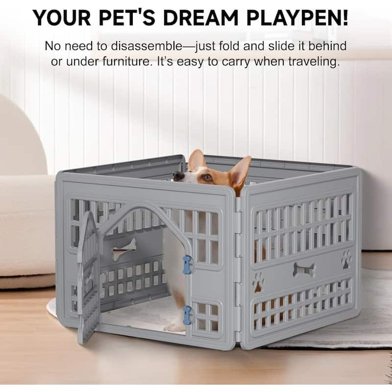 4 Panel Dog Playpen with Door,Thickened Material,Resin Dog Play Pen for Small and Medium Dogs,Portable for Easy Transportation
