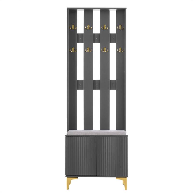 Luxury 4-in-1 Hall Tree with Shoe Bench and Cushion, Versatile Coat Rack with 8 Gold Hooks, Entryway Bench w/ Adjustable Shelves