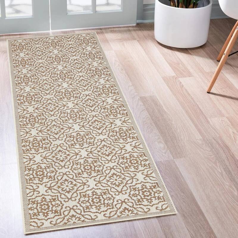 Indoor/Outdoor Area Rug/ Runner/ Doormat- Blue & Natural & Red & Taupe Color -Machine Washable, Weather and UV Resistant-Eliza