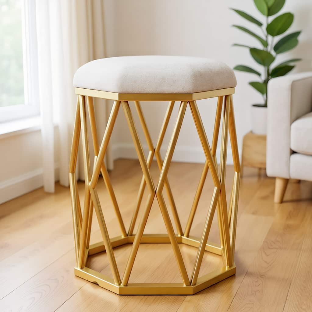 Modern Fabric Vanity Stool Chair with Metal Legs - White