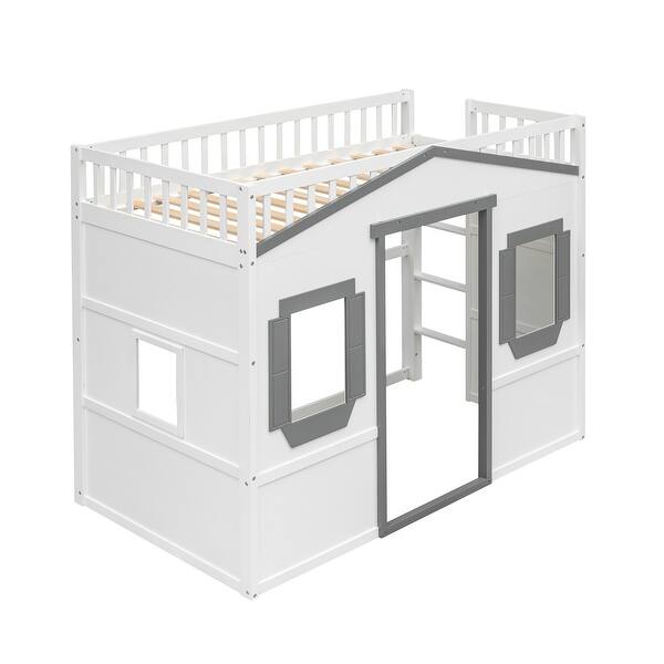 slide 2 of 15, Twin Size House Loft Bed With Ladder,Child-Like House Design Underneath White+Gray