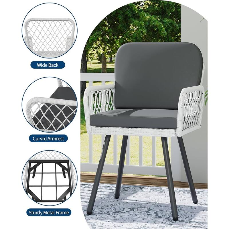Patio Dining Chairs Set of 2 with Black Metal Frame & White Hand for Backyard