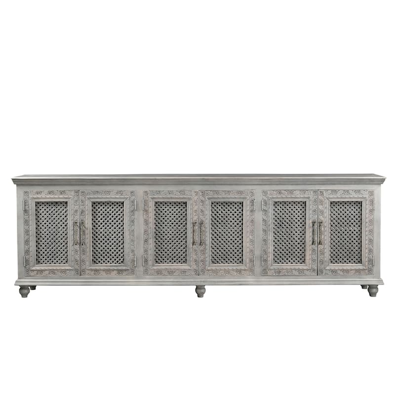 HomeRoots 111" Gray Distressed Solid Wood Carved Floral Sideboard with Six Doors - 111.00 in. x 37.00 in. x 17.00 in.