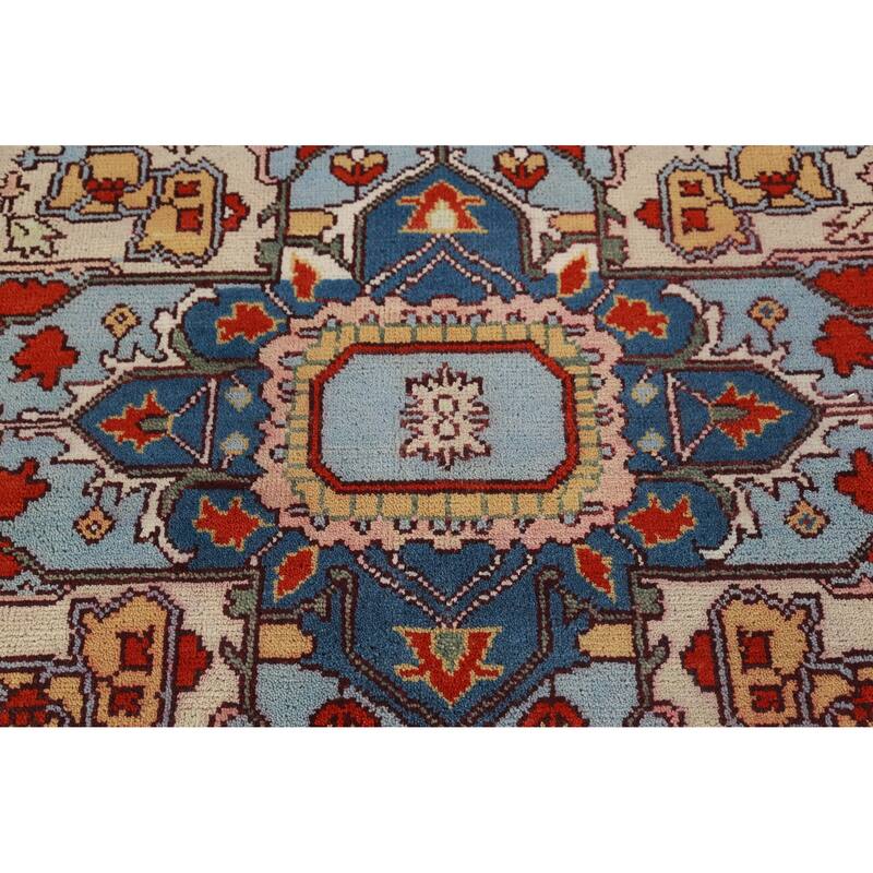 Geometric Blue Heriz Serapi Oriental Area Rug Hand-Knotted Wool Carpet - 9'0" x 12'0"