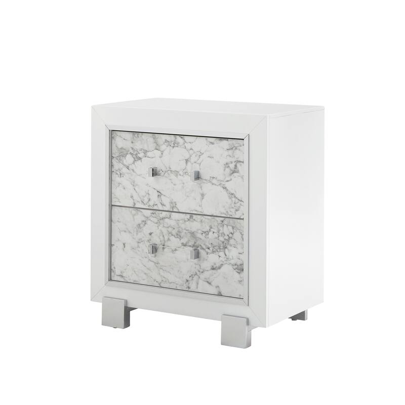 White Marble Nightstand with Spacious Drawers and Knob Hardware