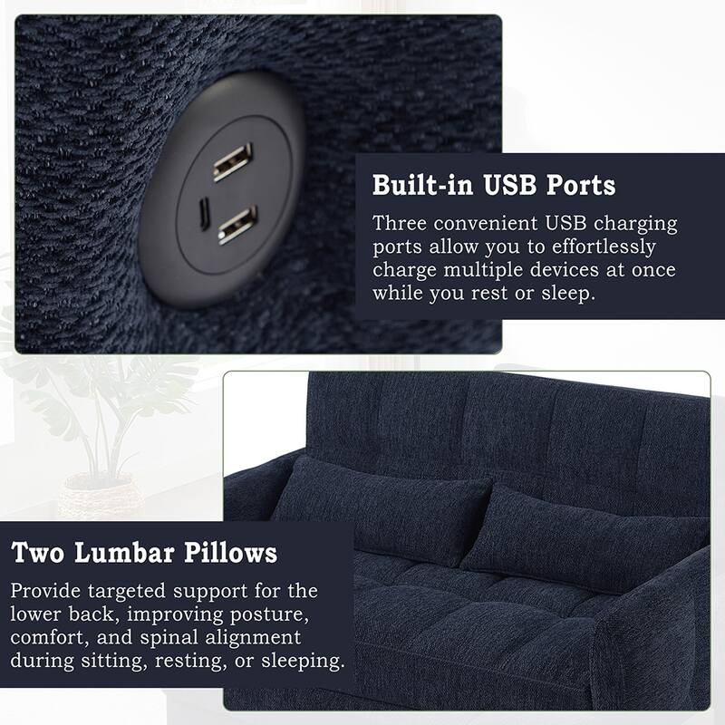 52.8" Adjustable Loveseat Sleeper, 3 USB Ports, 2 Pillows Included