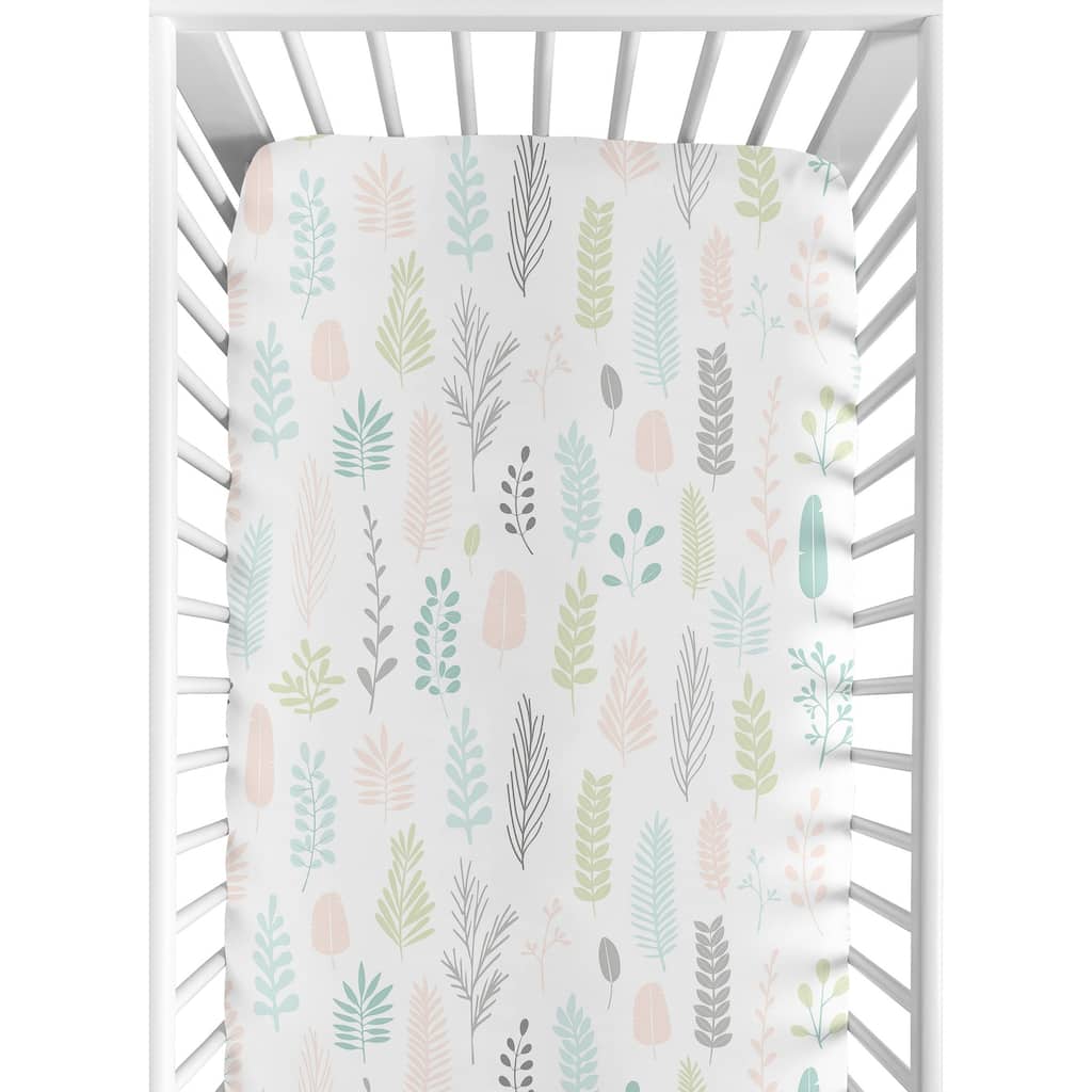 Sweet Jojo Designs Pink Grey Tropical Leaf Girl Fitted Crib Sheet - Blush Turquoise Gray Green Botanical Rainforest Jungle Sloth