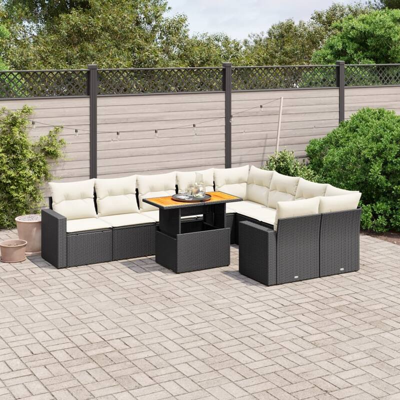 vidaXL Patio Sofa Set with Cushions Table and Sofa Modules 10 Piece Poly Rattan - 21.7 x 39.4 x 28.7 - Black  - form2