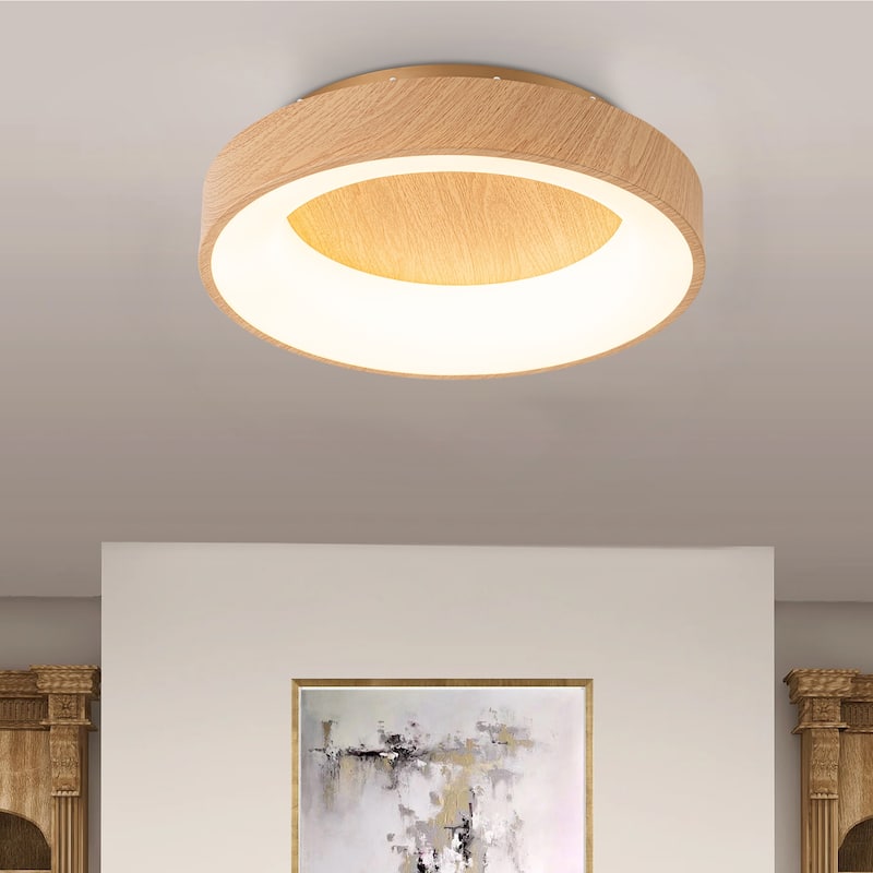 1-light 15.7 in. Modern Farmhouse Metal Wood Grain Round Dome Dimmable Integrated LED Flush Mount Light - 15.7 in. W x 3.9 in. H