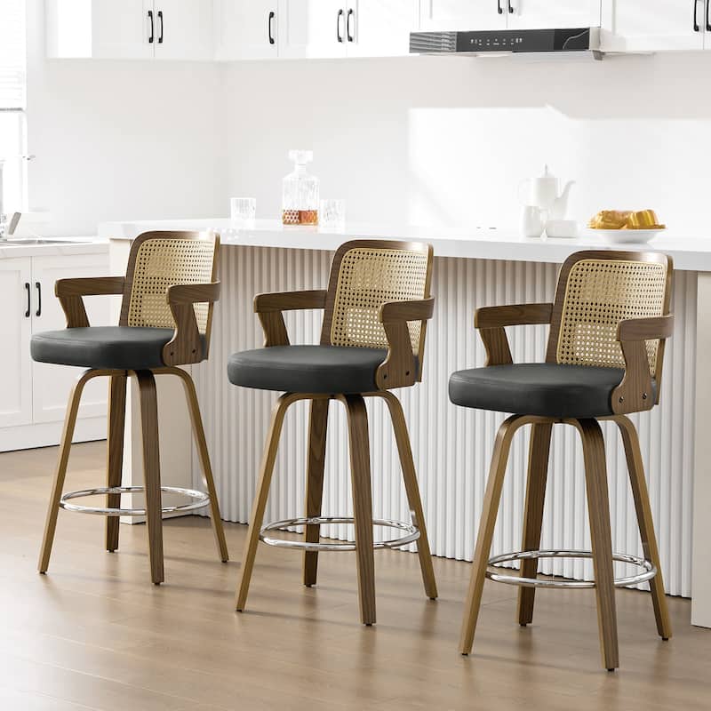 Upholstered Swivel Barstool with Arms and Bentwood Legs - 40.8"H x 18.9"W x 19.5"D/19.3"D