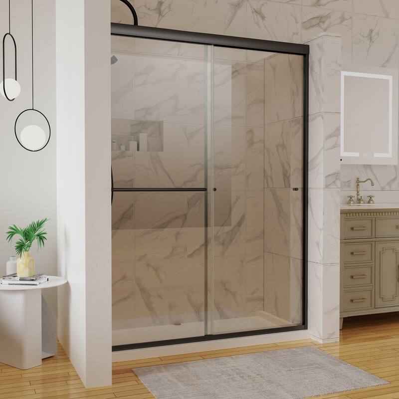 54'' x 72'' Glass Semi-Frameless Double Sliding Shower Tub Door in Matte Black/Brushed Nickel - Matte Black