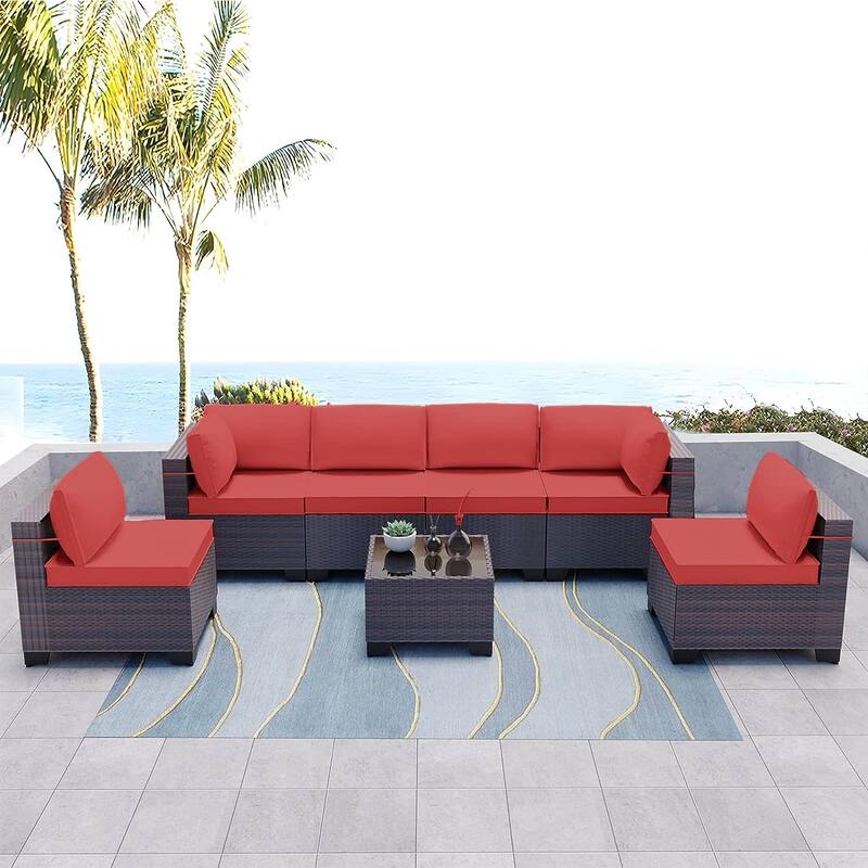 Kullavik 7 Pieces Outdoor Sectional Sofa Set Brown Wicker Patio Conversation Set with Seat Cushions and Tempered Glass Table