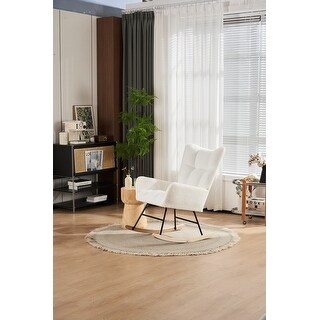 White Teddy Fabric Rocking Chair with Solid Wood Legs for Nursery and ...