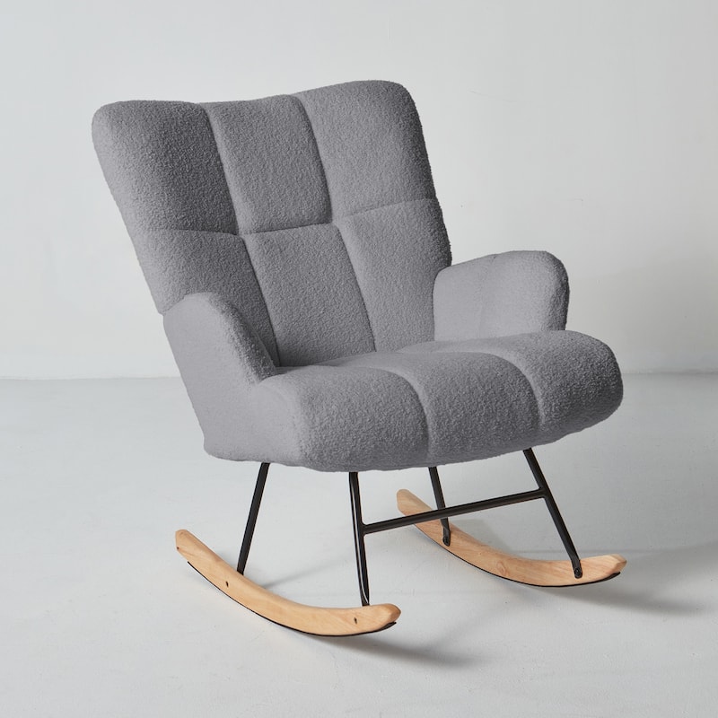 FERPIT Rocking Accent Chair Teddy Upholstered Glider Nursery Accent Chair Padded Seat with High Backrest for Living Room - Grey Rocking chair