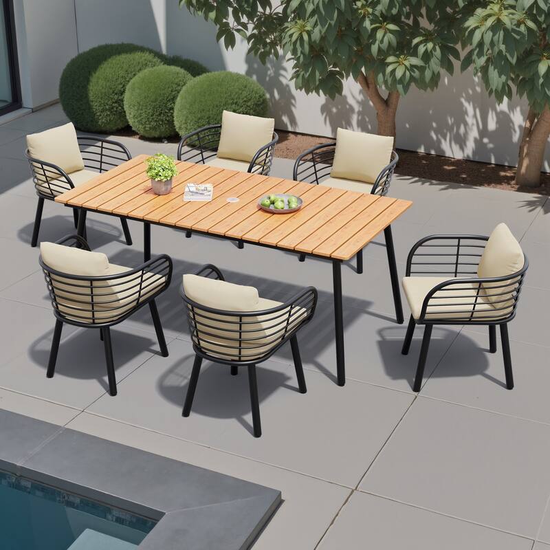 7-Piece Set Outdoor Aluminum Dining Table with Umbrella Hole and Cushioned Dining Chairs