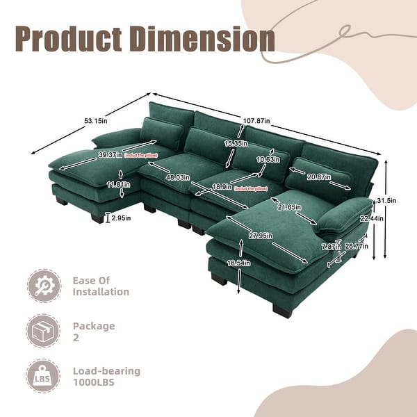 dimension image slide 6 of 7, HOMEFUN Chenille Upholstered U-Shaped Modular Wood Frame Sleeper Sectional Sofa with Double Chaise