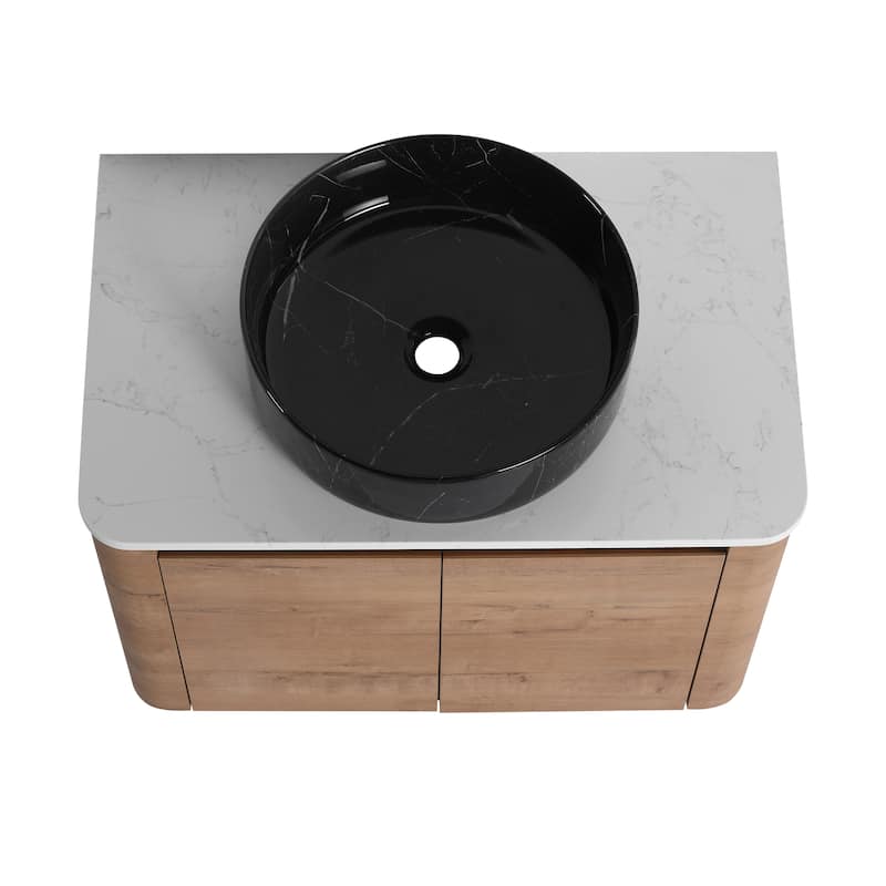 30'' Wall-Mounted Bathroom Vanity With Ceramic Art Sink & 2-Soft-Close Door, KD-Packing, Plywood