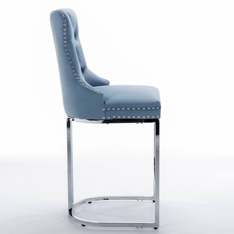 Counter Height Bar Stools Set of 2, Blue Tufted Upholstered Dining Barstool w/ Nailhead Trim, 26" Wingback Kitchen Island Chairs