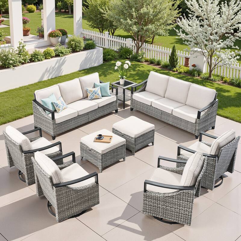 Pocassy Outdoor Sofa Swivel Patio Chair Table with Ottoman Set - Gray Wicker Beige Cushion - 9-Piece Sofa Swivel Chair Table with Ottoman