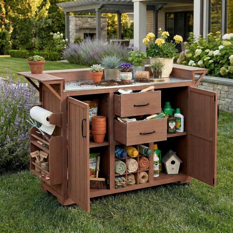 60" Rolling Outdoor Kitchen Island with Stainless Steel Top, Wood BBQ Prep Cart with Wine Rack & Drawers