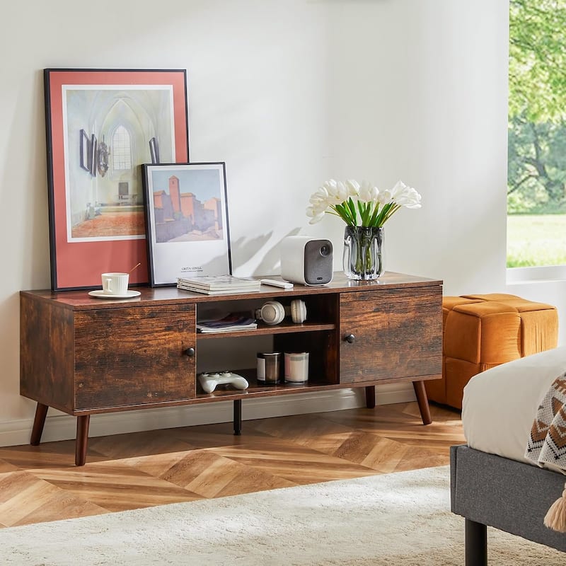 TV Stand for 55 60 inch TV, Entertainment Center with Storage Cabinet, Mid Century Modern Media Console Table, Adjustable Hinge - Brown