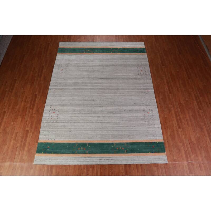 Hand Knotted Oriental 100% Wool Carpet Tribal Stripe Greys & Charcoal Gabbeh Area Rug - 12' 6'' X 9' 2''